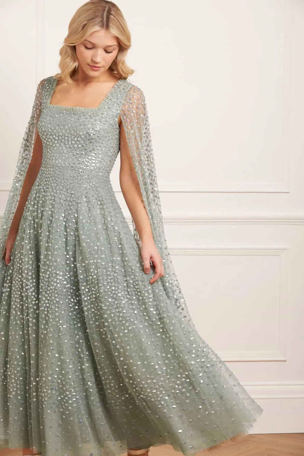 Relaxed-fit Scatter Dot Cape Sleeve Ankle Gown