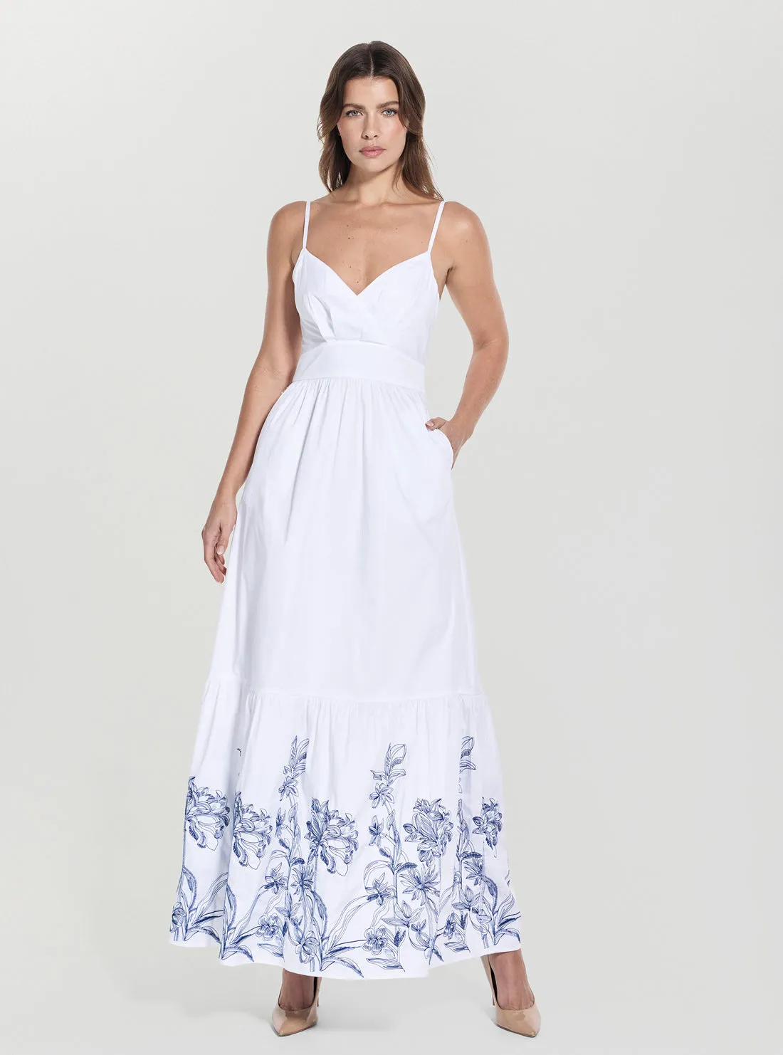 White Blanche Place Embroidered Long Dress Crinkle Effect