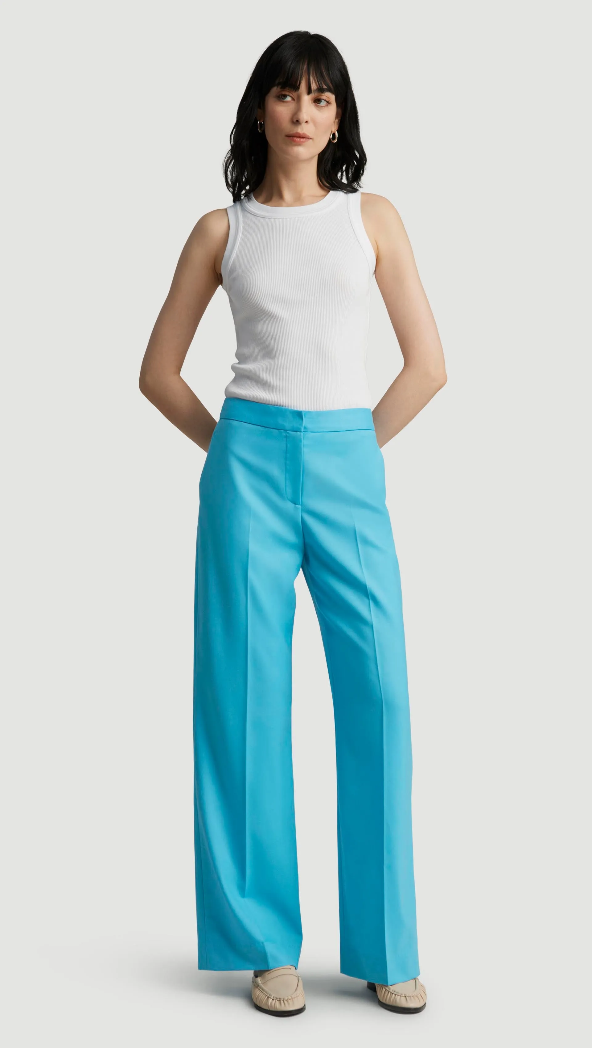 Simple Comfort Flat waistband Wide Leg Trouser in Seasonless Wool | Aqua