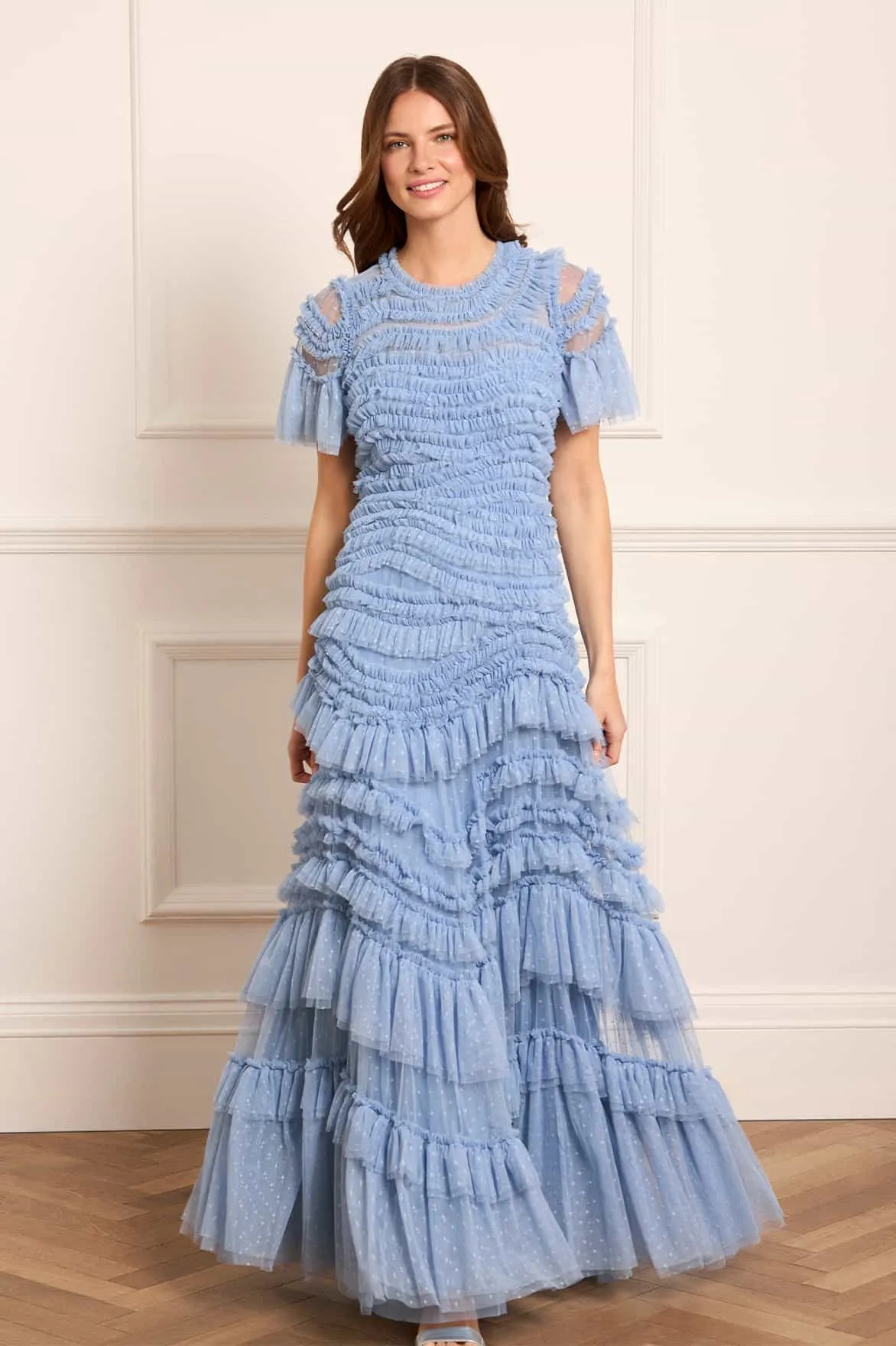 Wild Rose Short Sleeve Gown Side-Slit Lower Hem