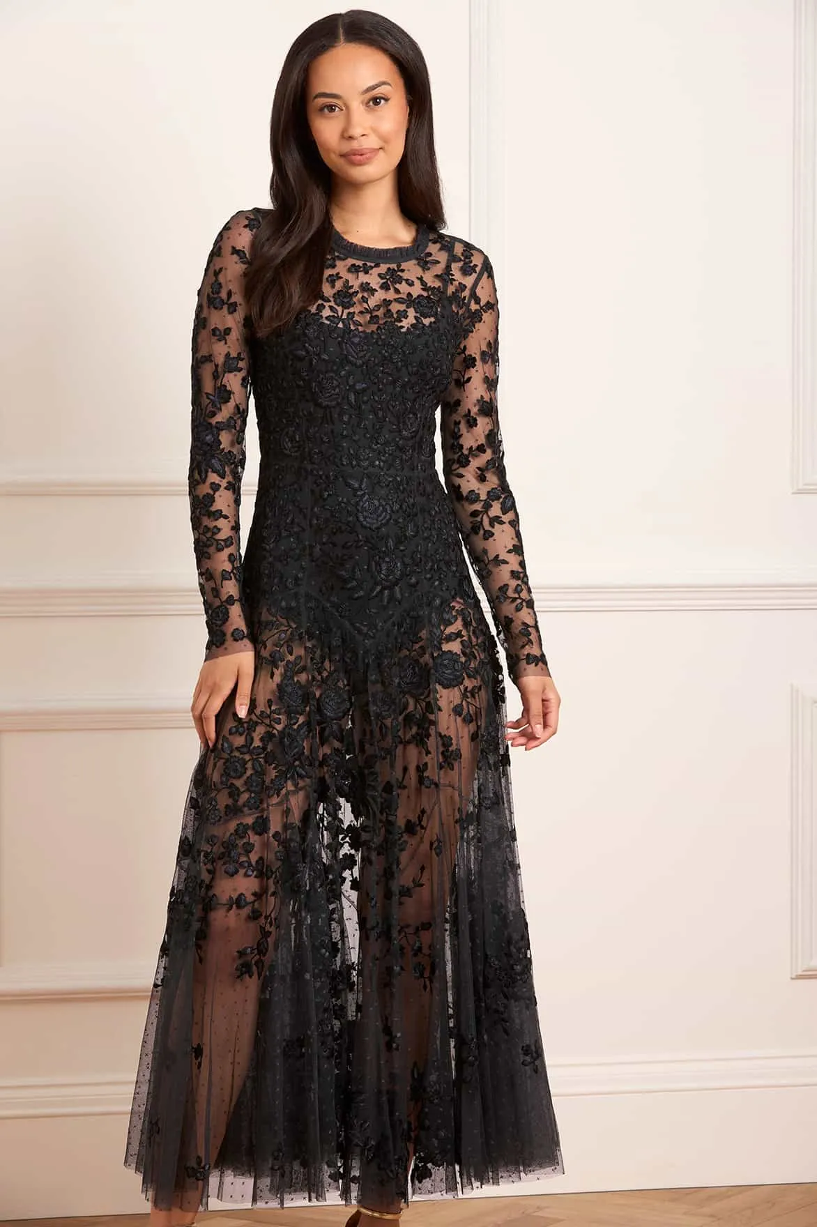 Geometric-pattern Elegant Layering Rosa Sheer Ankle Gown