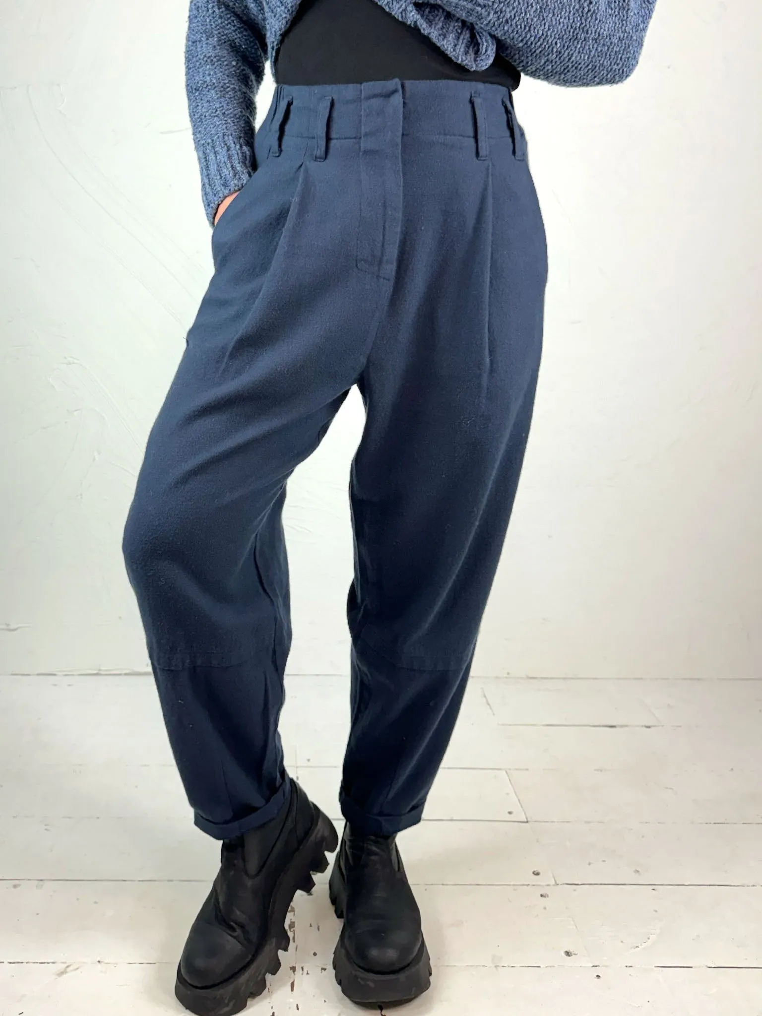 Lurdes Bergada Blue Cotton Twill Darted Trousers 190 Stretch Panel Flexible Durability