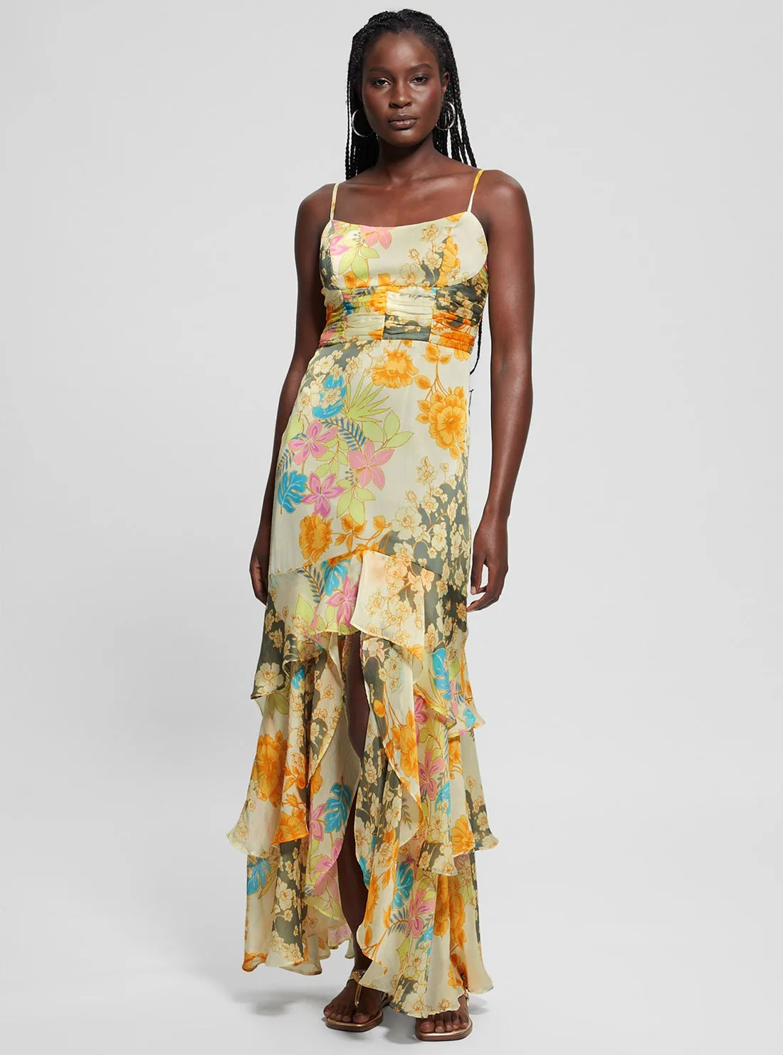 Gathered-Detail Maximalist-Trend Yellow Floral Print Vicky Dress