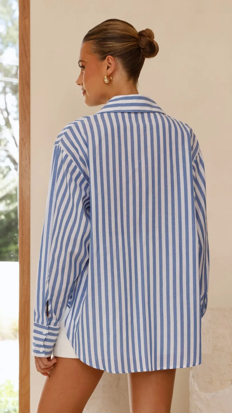 Zoah Long Sleeve Button Up Shirt - Blue/White Stripe Pure Cotton