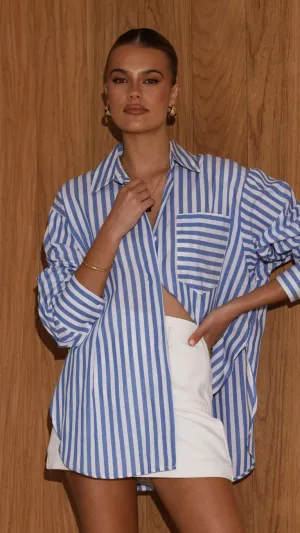 DoubleLayered Structure Soft Knit Zoah Long Sleeve Button Up Shirt - Blue/White Stripe